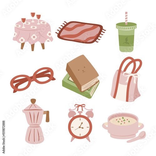 Collection of cozy life elements including a table, rug, matcha, books, alarm clock, and food. Ideal for home, relaxation, and lifestyle themes.