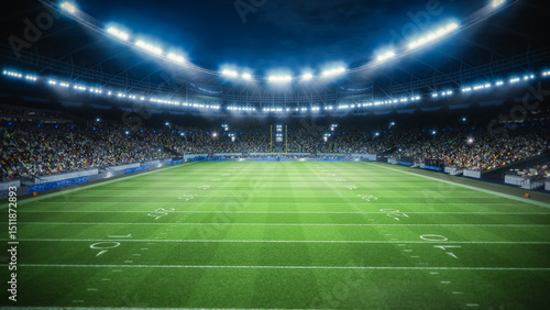 Night Aerial Elevated View of an American Football Stadium With Enthusiastic Fans. Field of a Major Championship Game, Capturing the Anticipation and Energy of the Spectators with Start of the Game