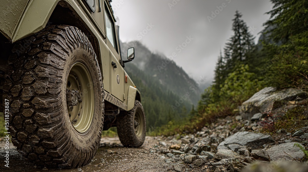 Fototapeta premium Off-road tires gripping rugged terrain on an overland vehicle in a mountain setting