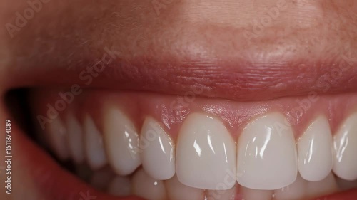 Close-up shot of a person's mouth with flawless white teeth and healthy gums, showcasing excellent dental hygiene and a beautiful smile, dental work, veneers.