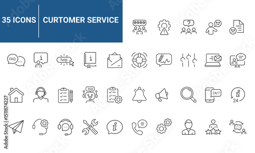 Customer service set of web icons in line style. Help and support. Support and service icons for web and mobile app. Online help, assistance, customer, 24 hrs, service and more. Vector illustration