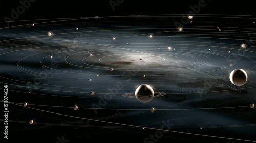 A symmetrical solar system with glowing planetary trails