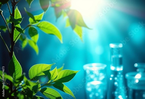 Sunlight illuminates green leaves & lab glassware with molecular structures visible,  inorganic chemistry, nature