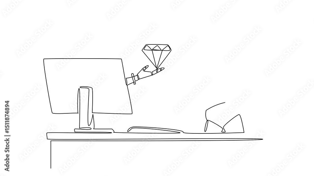 Animated self drawing of one line drawing hand of robot out of monitor screen while holding a diamond. The artificial intelligence. Smart robot. Things from Screen. Full length single line animation Animated self drawing of one line drawing hand of robot out of monitor screen while holding a diamond. The artificial intelligence. Smart robot. Things from Screen. Full length single line animation