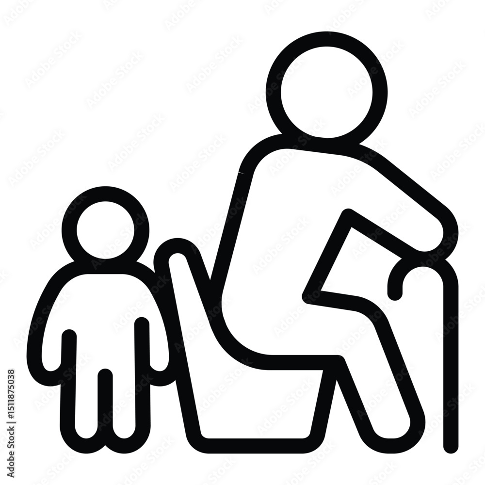 Fototapeta premium Grandfather with walking cane and child line icon, family lawyer concept. Vector graphics. Old man and kid, inheritance sign on white background, style for mobile or design.