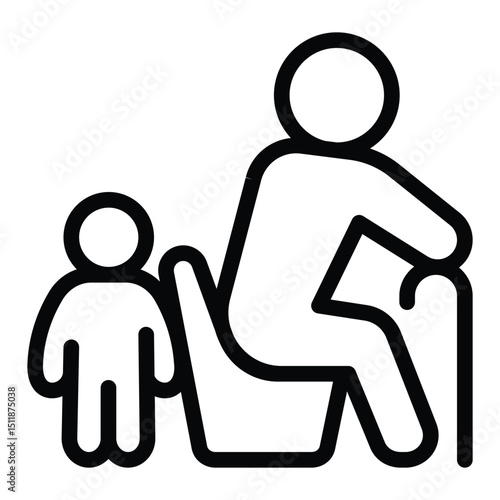 Grandfather with walking cane and child line icon, family lawyer concept. Vector graphics. Old man and kid, inheritance sign on white background, style for mobile or design.