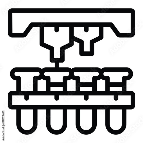 Laboratory flasks on conveyor and two liquid taps line icon, pharmacy concept. Vector graphics. Flasks glass and faucet sign on white background, style for mobile or design.