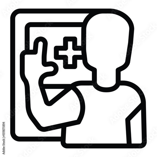 Customer man with medical machine line icon, pharmacy concept. Vector graphics. Man with touch screen and medical cross sign on white background, style for mobile or design.