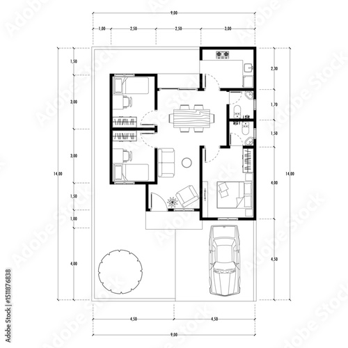Black and White floor plan of a modern unfurnished house for your design. Suburban house vector blueprint. Architectural background.	
