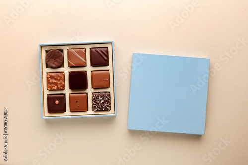 Minimal flatlay of open box with chocolate squares on beige background, elegant candy dessert packaging mockup concept