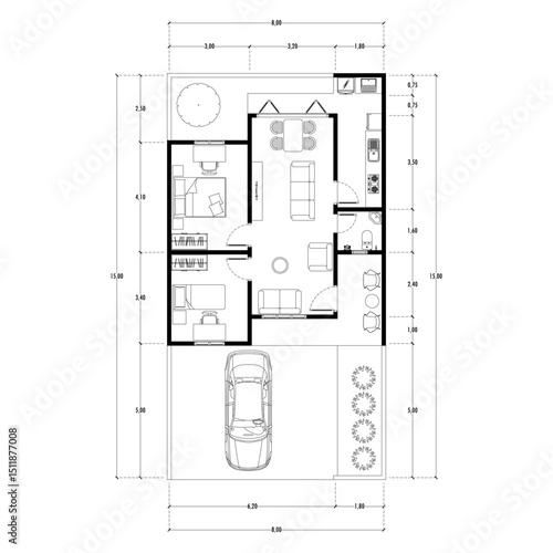 Black and White floor plan of a modern unfurnished house for your design. Suburban house vector blueprint. Architectural background.	