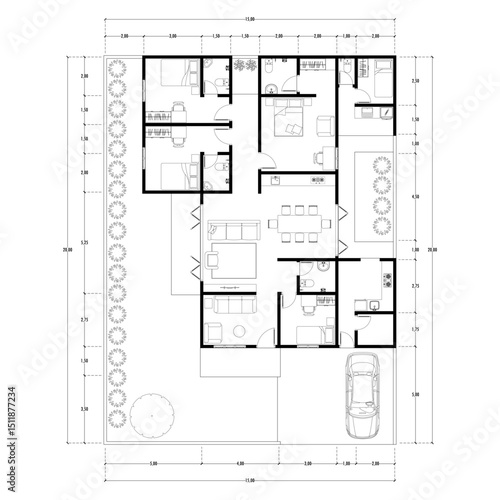 Black and White floor plan of a modern unfurnished house for your design. Suburban house vector blueprint. Architectural background.	