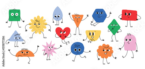 Big set of cute hand drawn geometrical shapes with various emotions. Vector abstract shapes collection