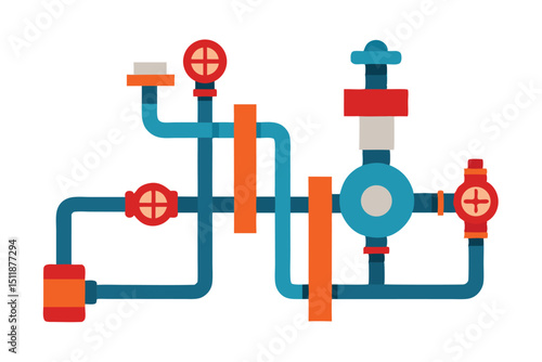 Complex pipework system with valves in industrial engineering vector art illustration