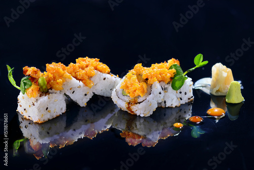 The image features an artfully presented sushi dish against a sleek, glossy black surface that beautifully reflects the food. The sushi rolls are topped with a bright orange, crispy or spicy mixture—l