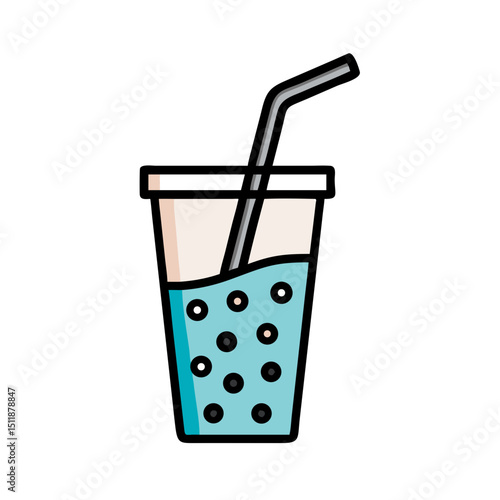 Colorful drink in disposable cup with straw and bubbles  