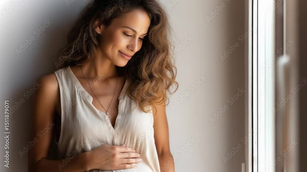 Pregnant woman relaxing by the window, embracing her baby bump in serene indoor setting Pregnant woman relaxing by the window, embracing her baby bump in serene indoor setting