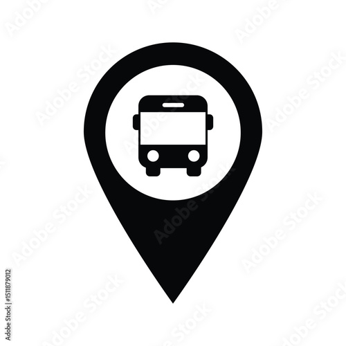 Black location pin icon with a bus symbol in the center, representing public transportation or a bus stop. Ideal for travel, map interfaces, navigation apps, and urban mobility concepts.