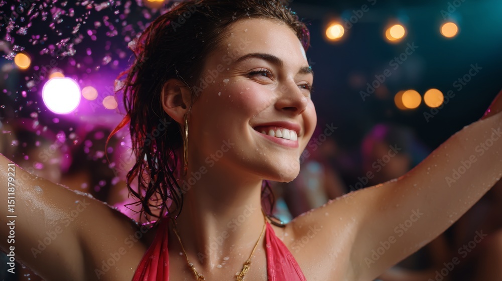 Happy woman with wet hair and skin smiling, enjoying a party with colorful lights and falling confetti, for celebration. Happy woman with wet hair and skin smiling, enjoying a party with colorful lights and falling confetti, for celebration.