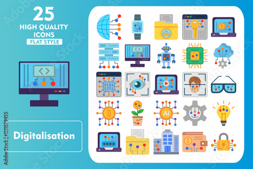 Digitalisation Flat Icon Set. Incleded Icons Globalization, Eye Scanner, Setting, Bulb, Password, Folder, Company, Ewallet, Padlock. Vector Icons Collection