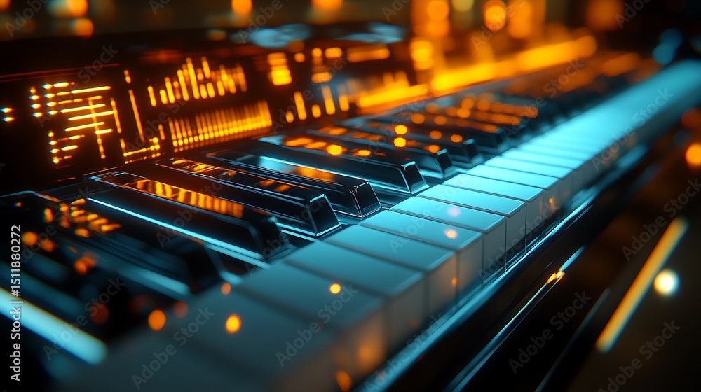 A dynamic glass keyboard integrated into a digital piano interface, glowing with customizable musical keys, real-time feedback waves responding to touch. Elegant indoor scene. A dynamic glass keyboard integrated into a digital piano interface, glowing with customizable musical keys, real-time feedback waves responding to touch. Elegant indoor scene.