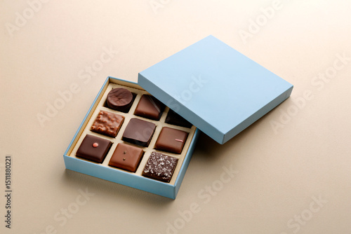 Minimal flatlay of open box with chocolate squares on beige background, elegant candy dessert packaging mockup concept