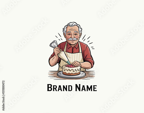 Vintage Illustration of Elderly Baker Decorating Cake, logo design 