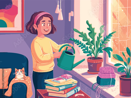 Cheerful Girl Watering Plants by Window in Cozy Room Illustration