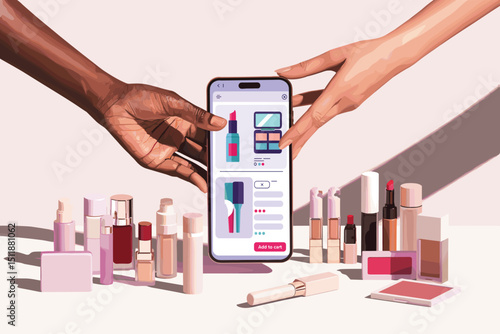 top-view hands holding smartphone and choosing products in online store, flat vector illustration