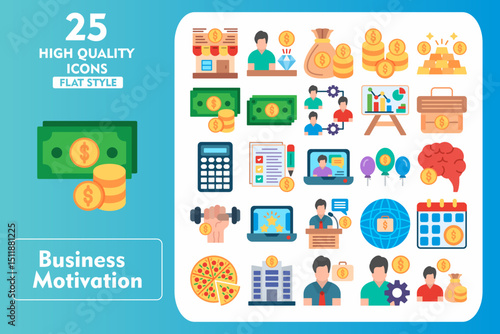 Business Motivation Flat Icon Set. Incleded Icons Shop, Diamond, Money Bag, Dollar Coins, Gold Stack, Money, Dollar Bill, Teamwork, Analytics. Vector Icons Collection