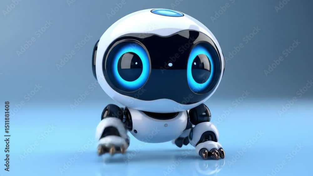 A small, white robot with glowing blue eyes, positioned in a crouching posture against a light-blue backdrop A small, white robot with glowing blue eyes, positioned in a crouching posture against a light-blue backdrop