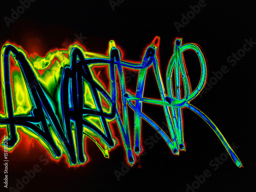 Glowing avatar inscription. On a black background, a word in English is handwritten with colored neon lines. It glows yellow and red along the edges, and there is a halo around the image.