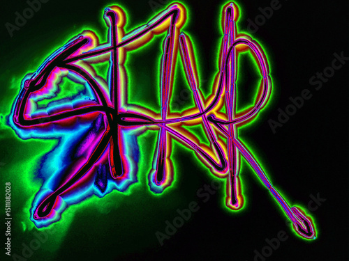 Glowing inscription STAR. On a black background, a word in English is handwritten with colored neon lines. It glows blue-green along the edges, and there is a halo around the image.