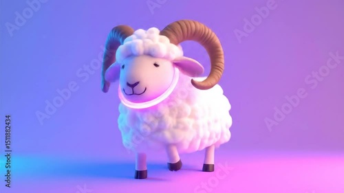 A stylized, cartoon sheep with large horns, set against a vibrant gradient background.  It is rendered in a soft, fluffy aesthetic, with a glowing pink ring around its neck