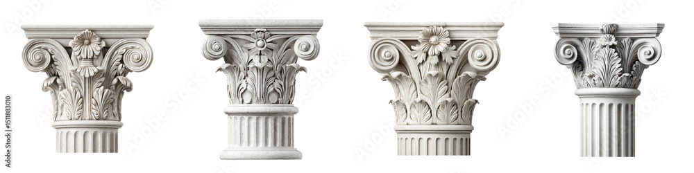 Obraz premium Classic architectural columns showcasing intricate details and elegant designs in a stunning array of white hues, ideal for classical decor inspiration or historical architecture reference.