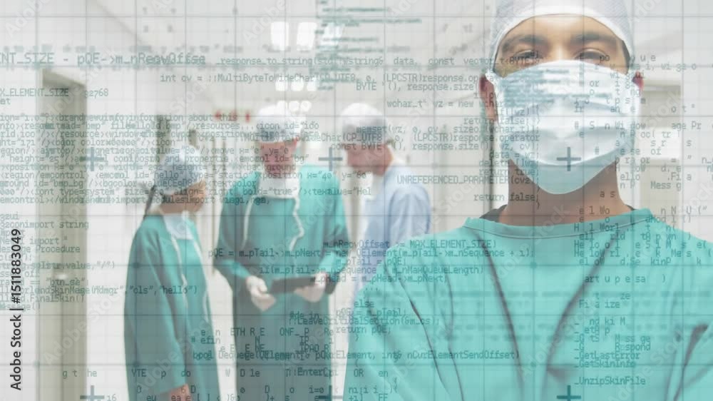 Surgeon moving forward while colleagues analyzing medical data with translucent code overlay Surgeon moving forward while colleagues analyzing medical data with translucent code overlay