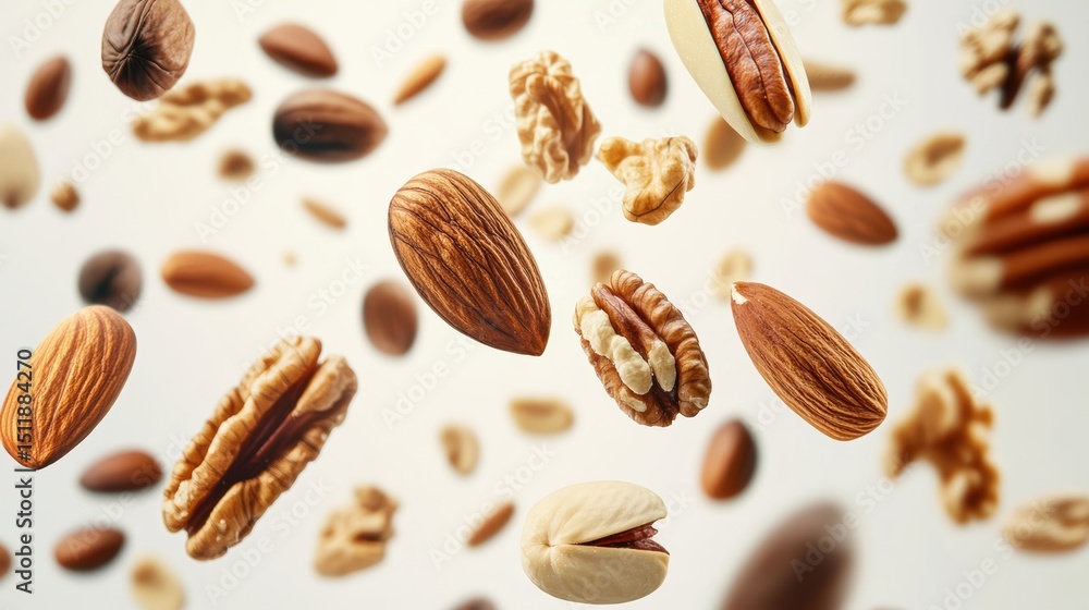 A dynamic display of various nuts in mid-air, showcasing their textures and colors against a soft backdrop. A dynamic display of various nuts in mid-air, showcasing their textures and colors against a soft backdrop.