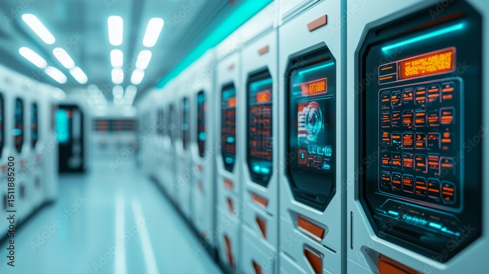 Fototapeta premium Futuristic AI-Powered Store with Vending Machines and Retail Kiosks on Shopping Street, Copy Space Available for Text