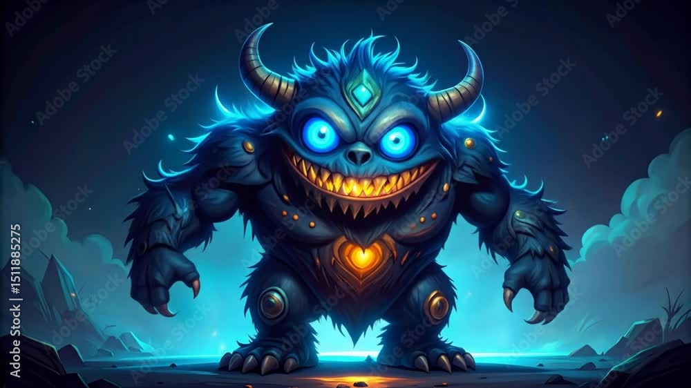 A stylized, glowing blue monster stands on a dark, coastal landscape A stylized, glowing blue monster stands on a dark, coastal landscape