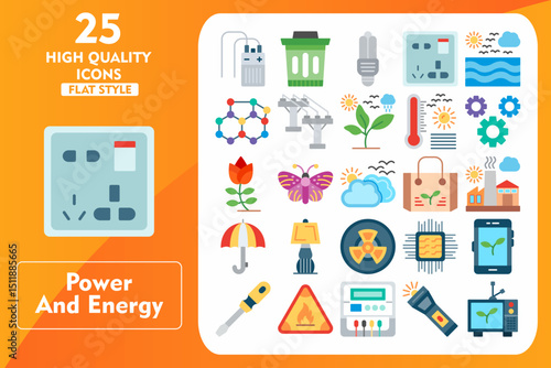 Power and Energy Flat Icon Set. Incleded Icons Capacitor, Bin, Fluorescent Light, Socket, Water Waves, Molecule, Electric Pole, Leaves, Temperature. Vector Icons Collection