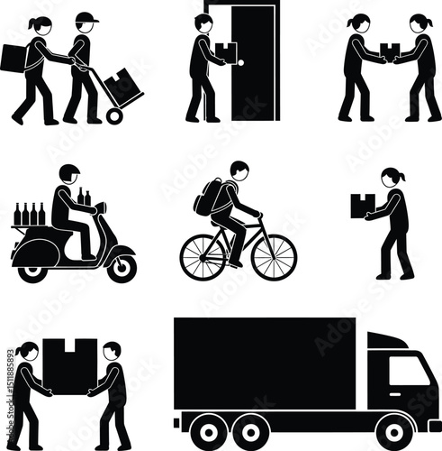 Delivery and logistics icons featuring messengers delivering packages and goods by various transportation methods