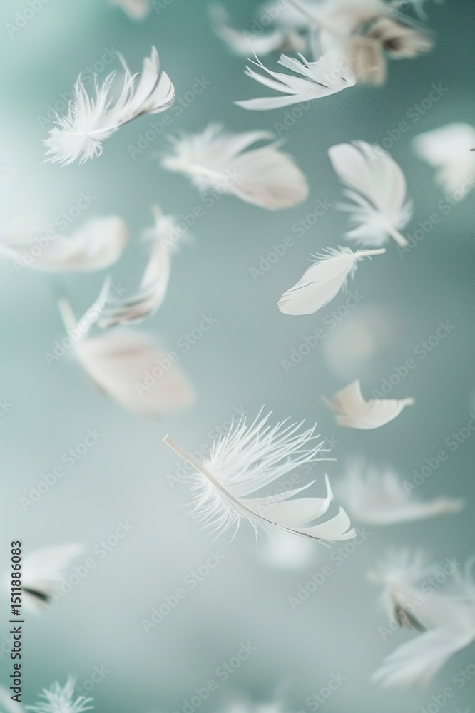 Naklejka premium Gentle white feathers floating over pastel teal surface, forming a dreamy, weightless atmosphere