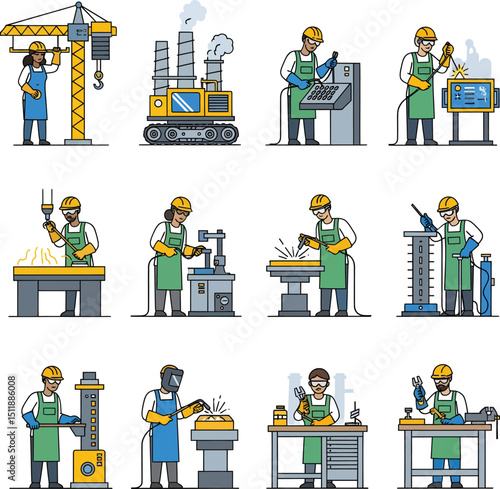 Industrial workers performing various manufacturing and construction tasks with machinery and equipment