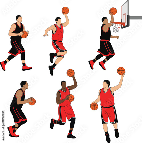 Basketball players in action performing different moves including dribbling and shooting the ball