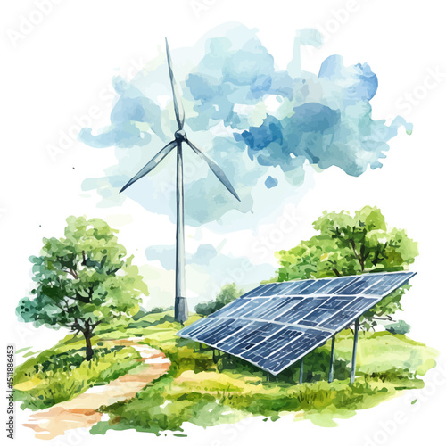 Sustainable Energy, watercolor illustration vector, high quality, isolated on a white background.