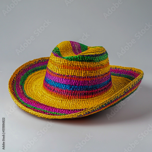 Vibrant Mexican Sombrero with Intricate Straw Weave and Bold Rainbow Accents in Festive Studio Setting.