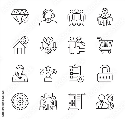 Business company Icon set. Management icon set. Contains symbol of teamwork, data, asset, stock, resource, employee, businessman, target, finance, holiday, meeting, education. Vector illustration