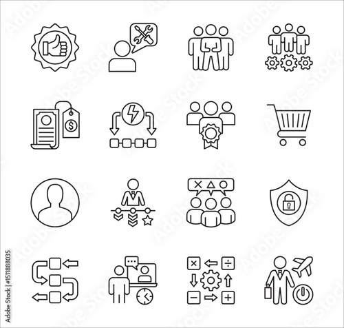 Business company Icon set. Management icon set. Contains symbol of teamwork, data, asset, stock, resource, employee, businessman, target, finance, holiday, meeting, education. Vector illustration