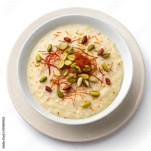 Creamy Rabdi Garnished with Pistachios and rose petals in White Bowl – Traditional Indian Dessert