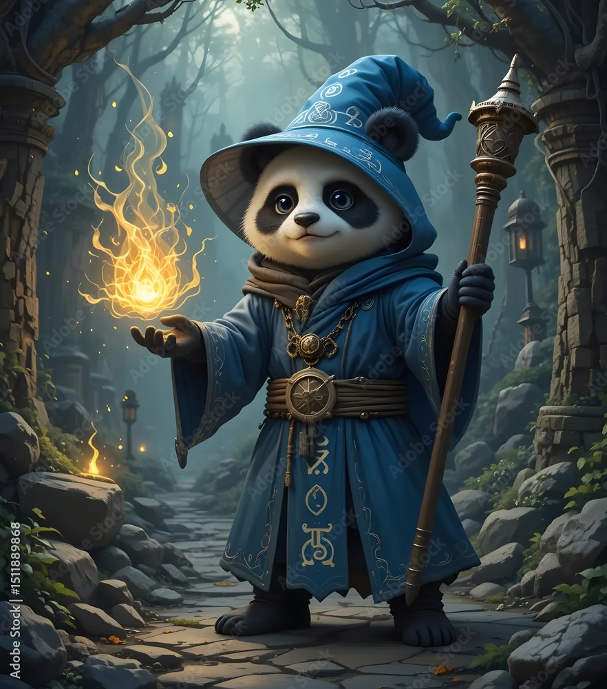 Fototapeta premium Enchanted Forest: A Panda Wizard's Mystical Journey
